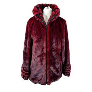 Dennis Basso Faux Fur Coat Womens Medium Dark Red Zip Up Vegan Mob Wife Jacket